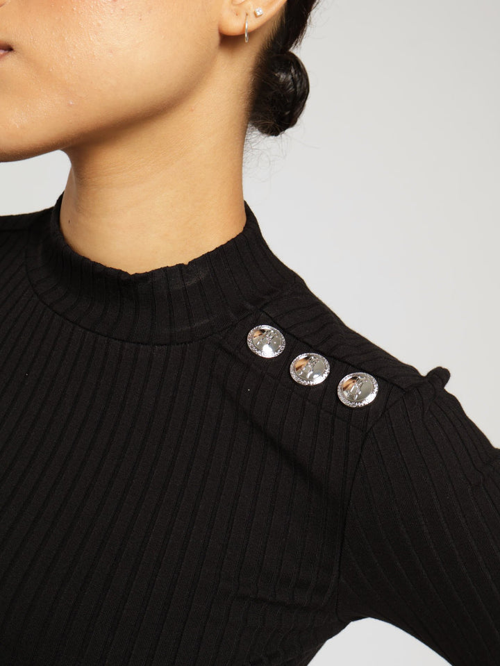 Indya Funnel Neck Rib Crop Top With Logo - Black