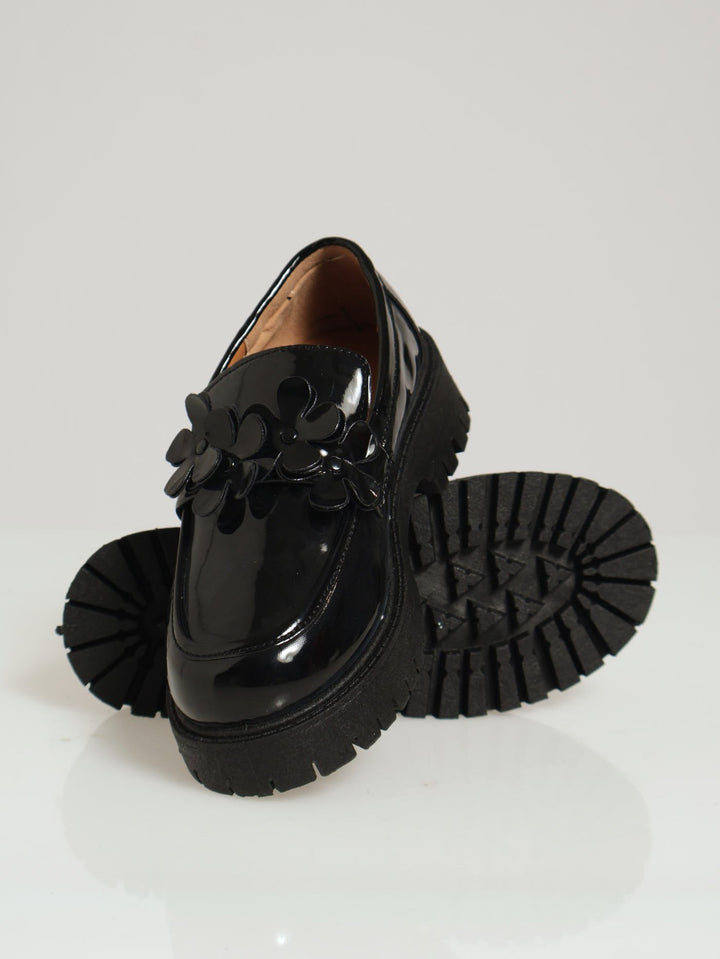 Girls Chunky Flower Loafer - Black