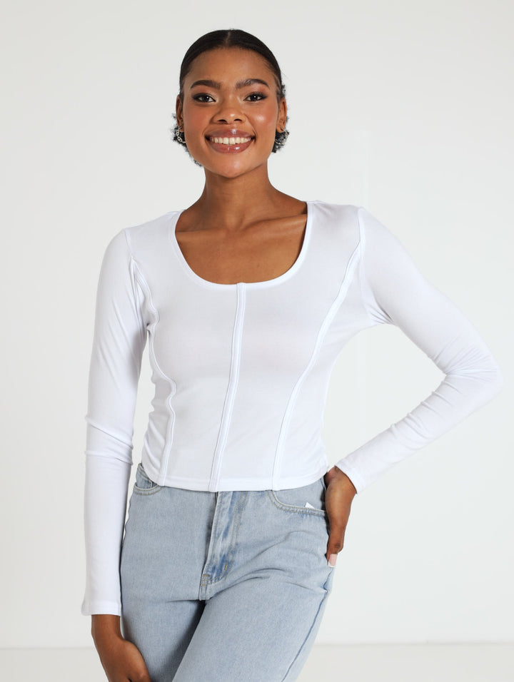Long Sleeve Corset Top - White