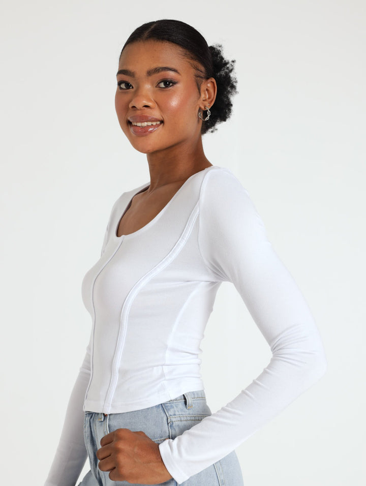 Long Sleeve Corset Top - White