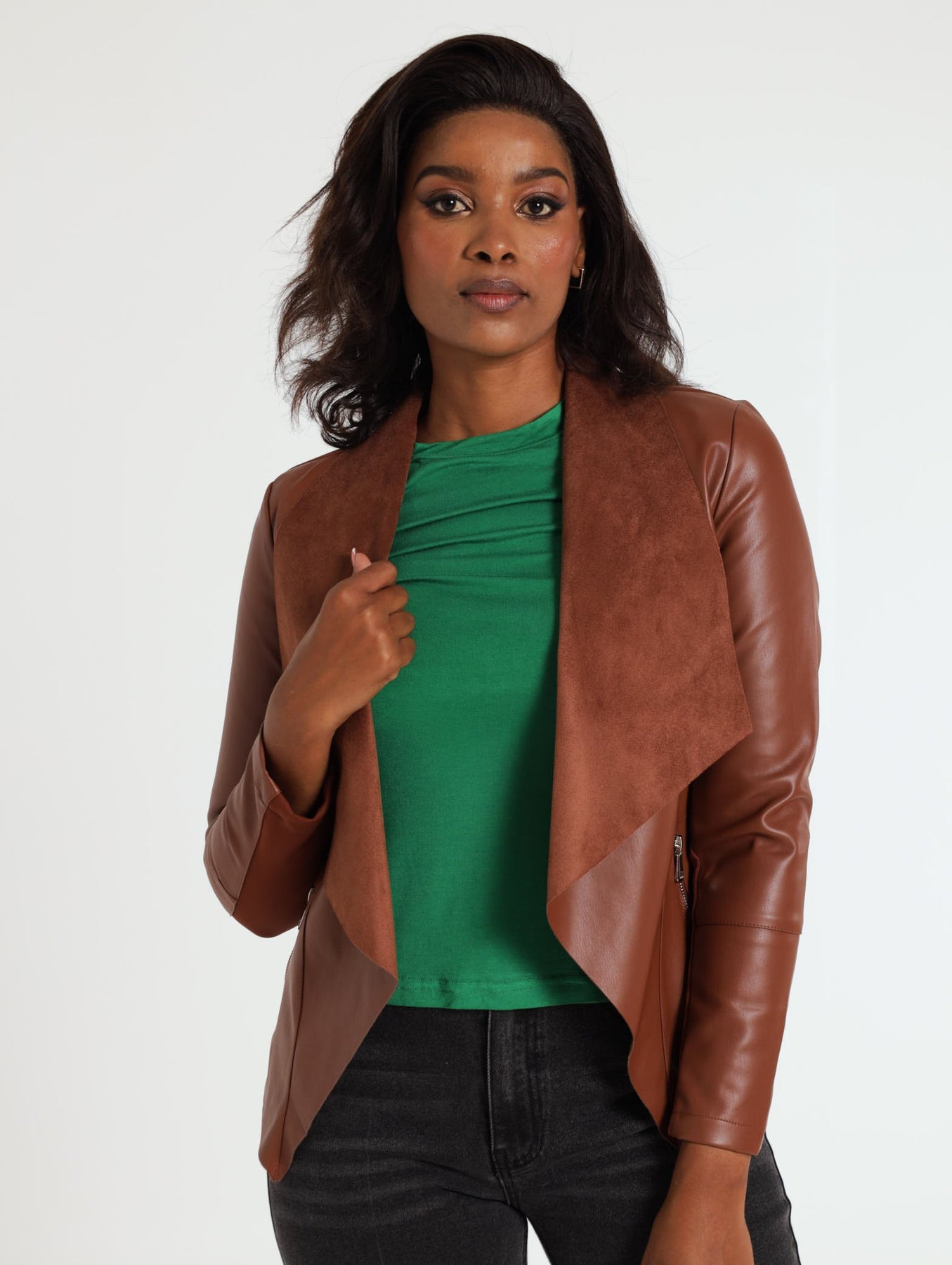 Breasted Coat Grey Leather Waterfall Jacket Jackets Coats Black