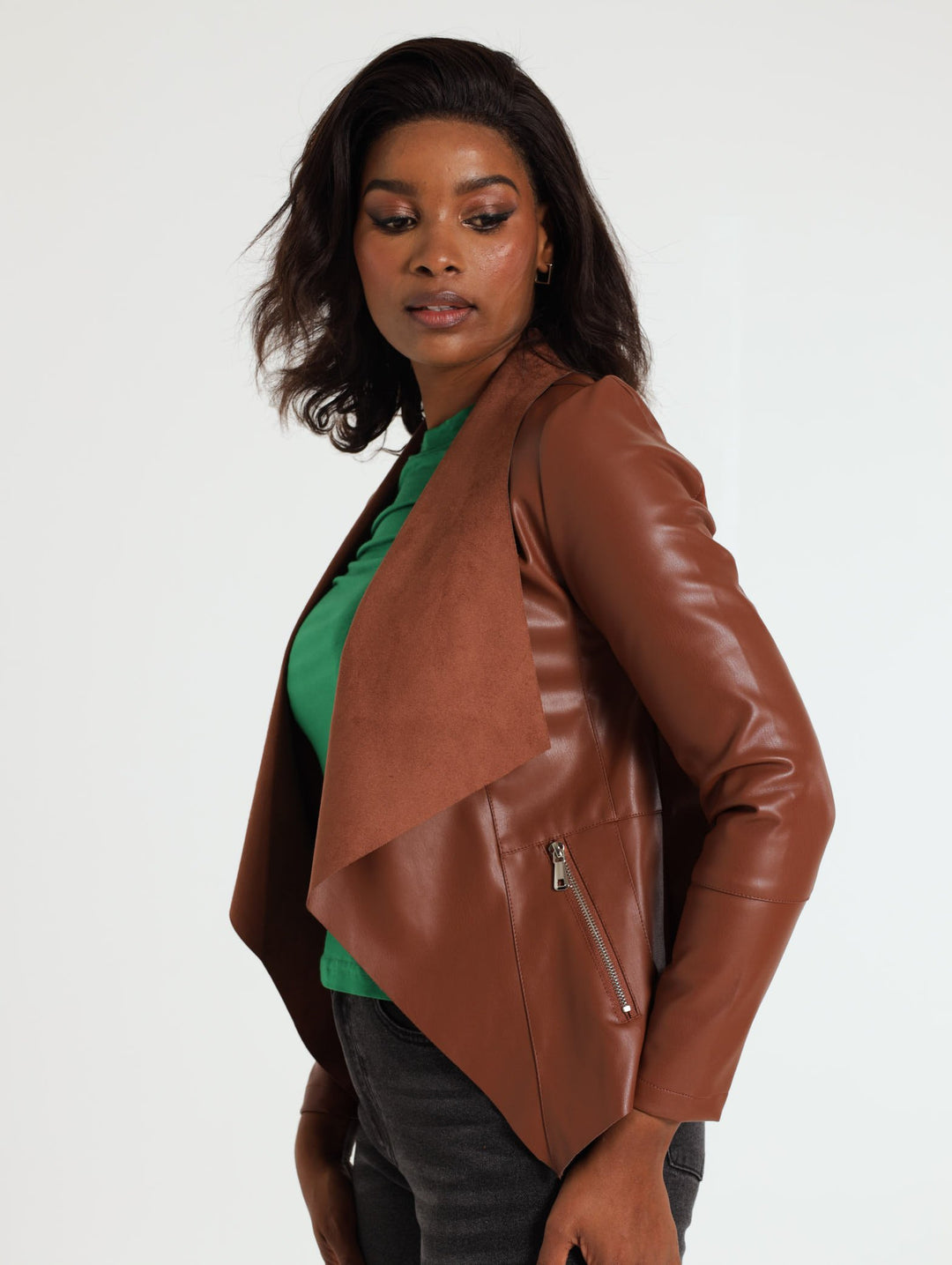 Faux Leather Waterfall Jacket - Chocolate