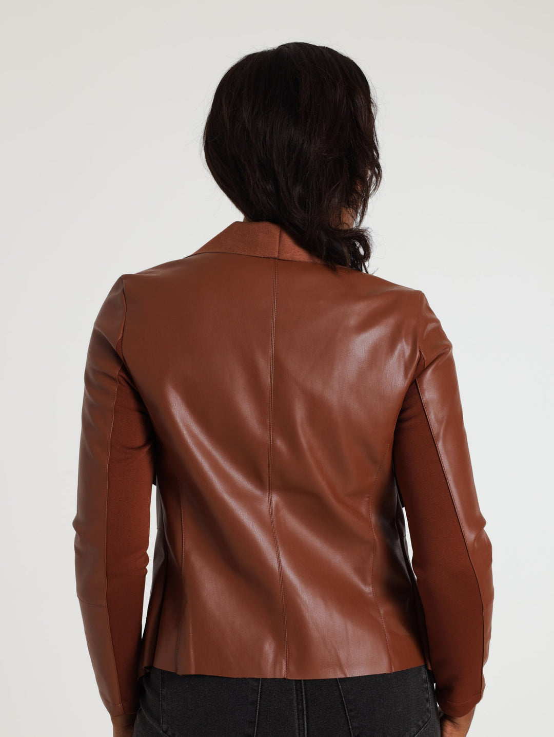 Faux Leather Waterfall Jacket - Chocolate