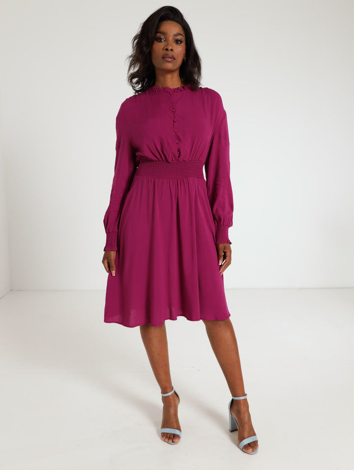Long Sleeve Shirred Waisted Dress - Berry