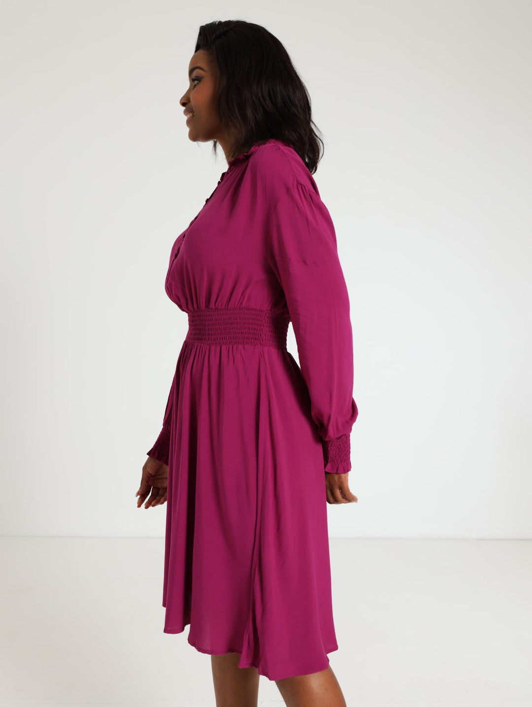 Long Sleeve Shirred Waisted Dress - Berry