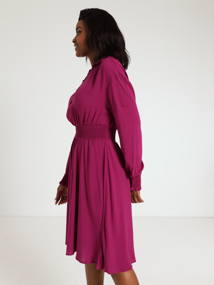 Long Sleeve Shirred Waisted Dress - Berry