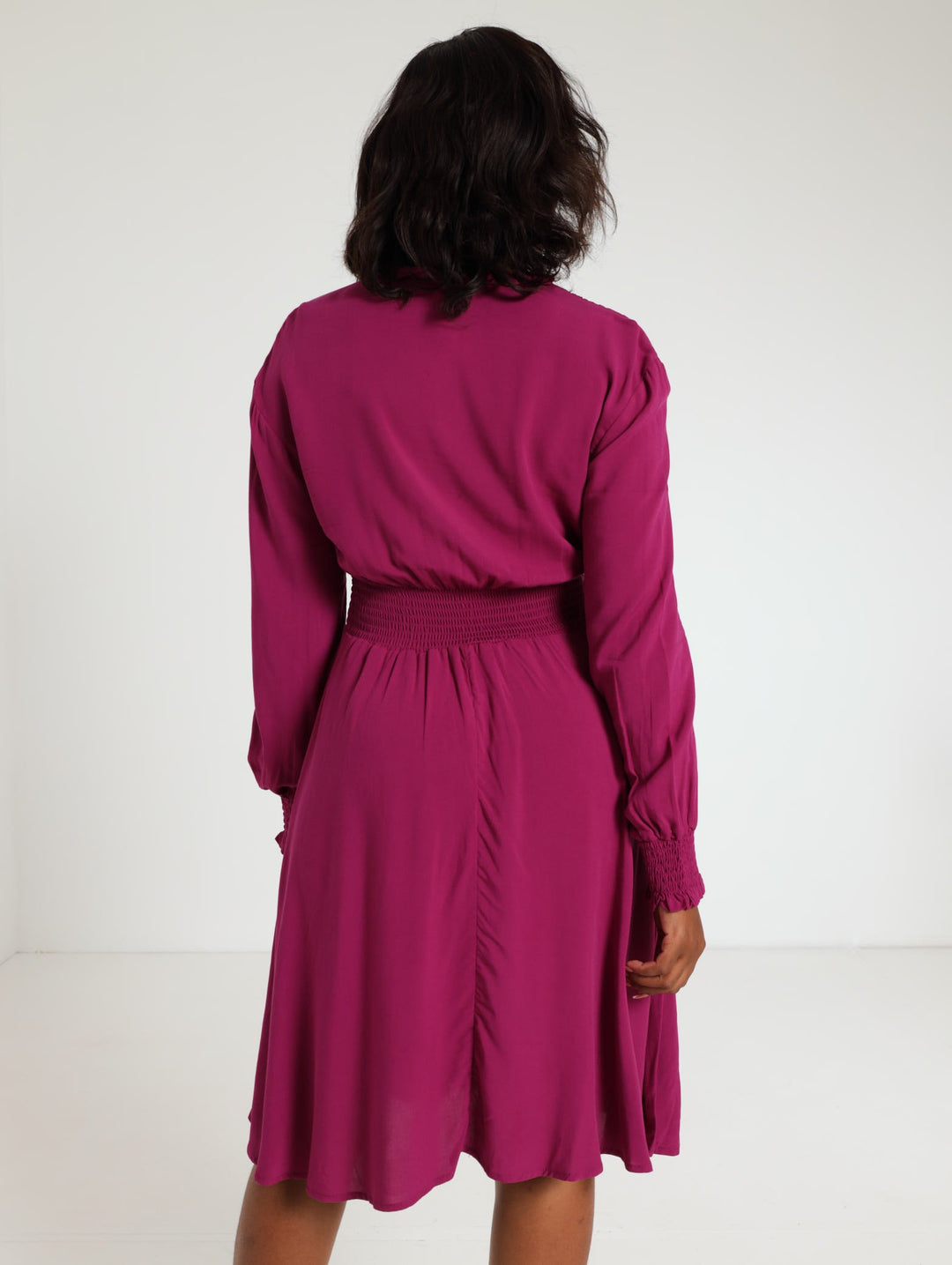 Long Sleeve Shirred Waisted Dress - Berry