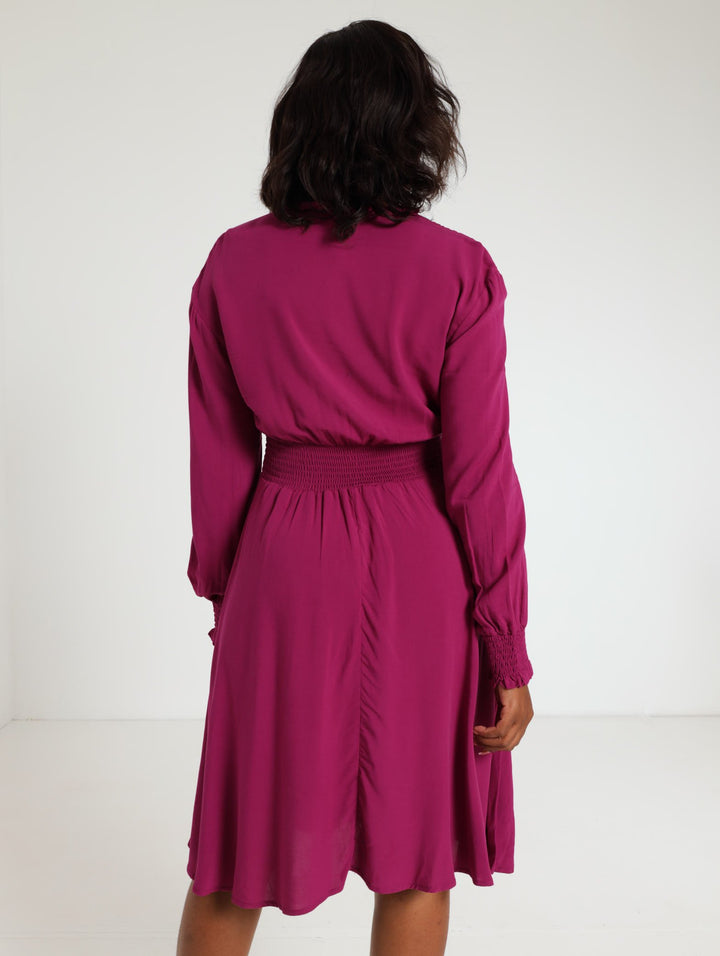 Long Sleeve Shirred Waisted Dress - Berry
