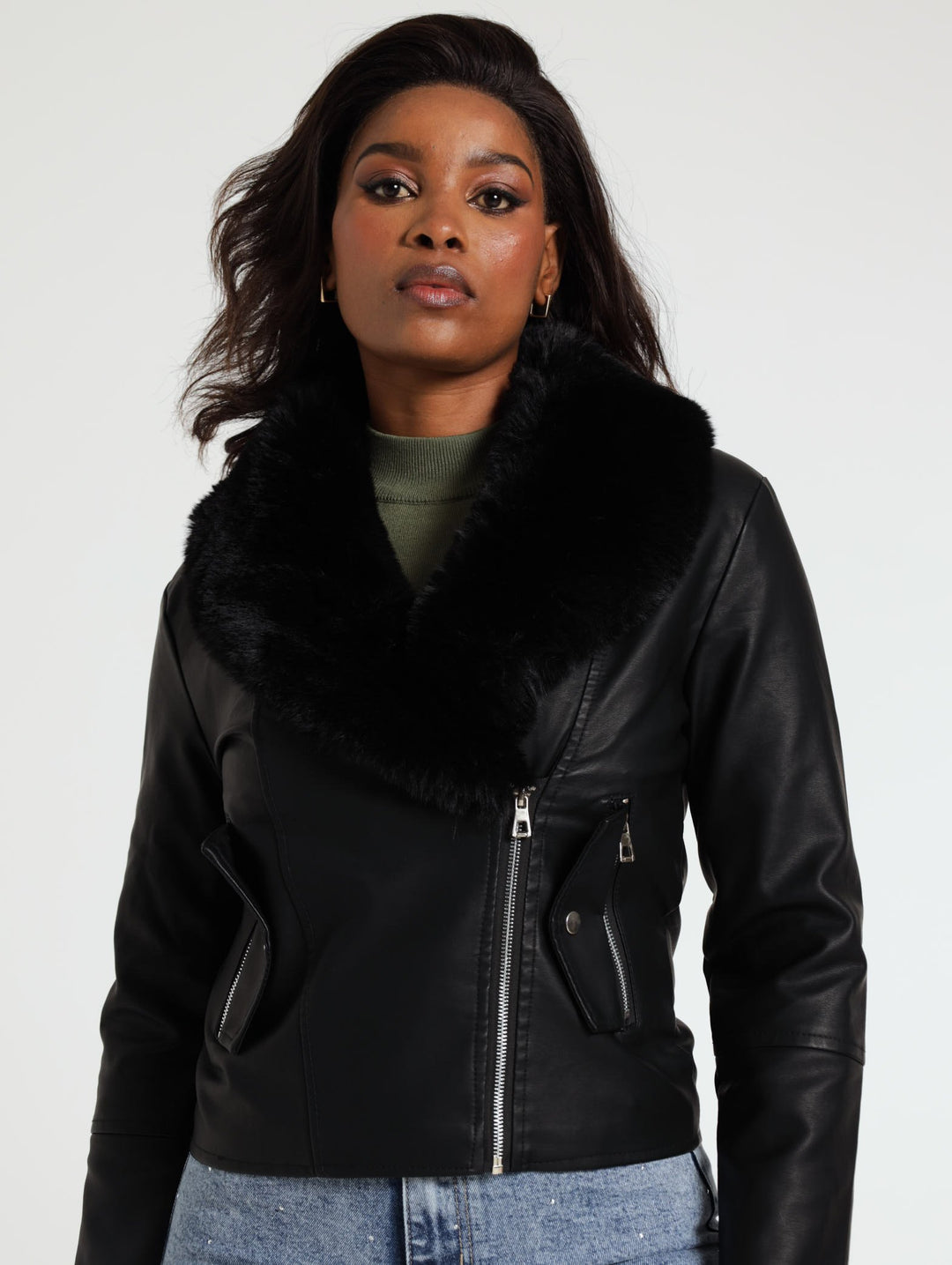 Fur Collar Biker Jacket - Black