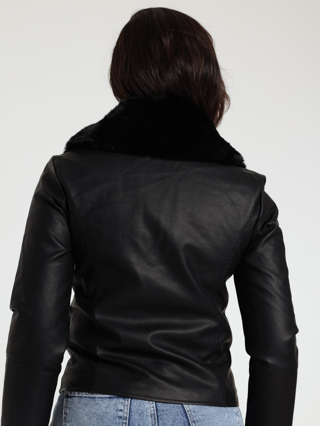 Fur Collar Biker Jacket - Black