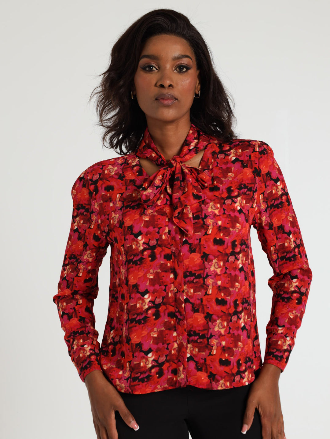 Chiffon Tie Neck Blouse - Black/Red