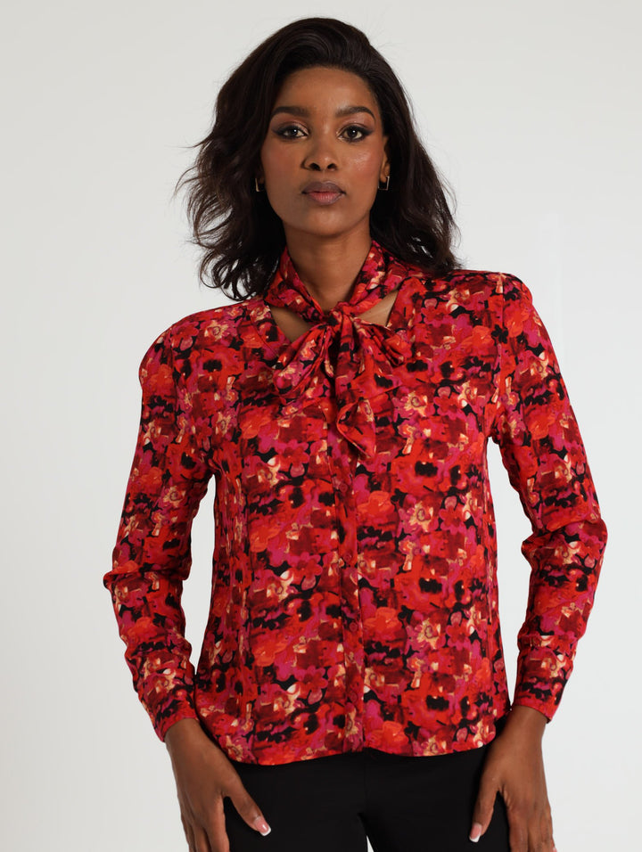 Chiffon Tie Neck Blouse - Black/Red