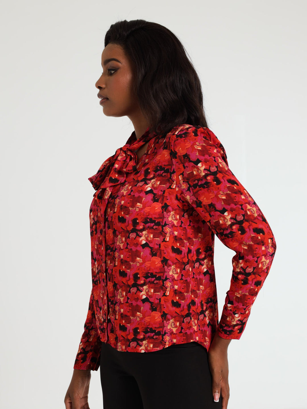 Chiffon Tie Neck Blouse - Black/Red