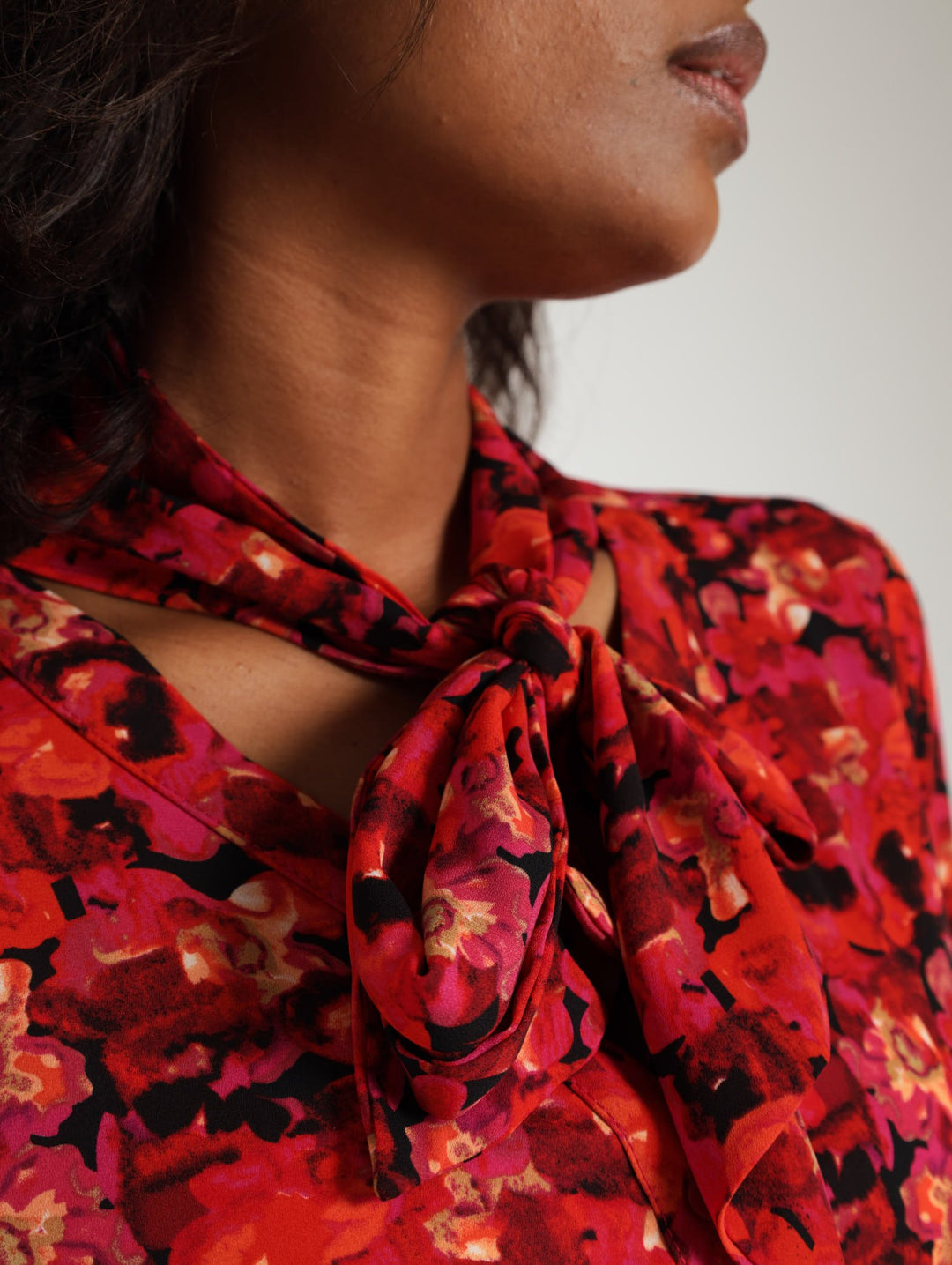 Chiffon Tie Neck Blouse - Black/Red