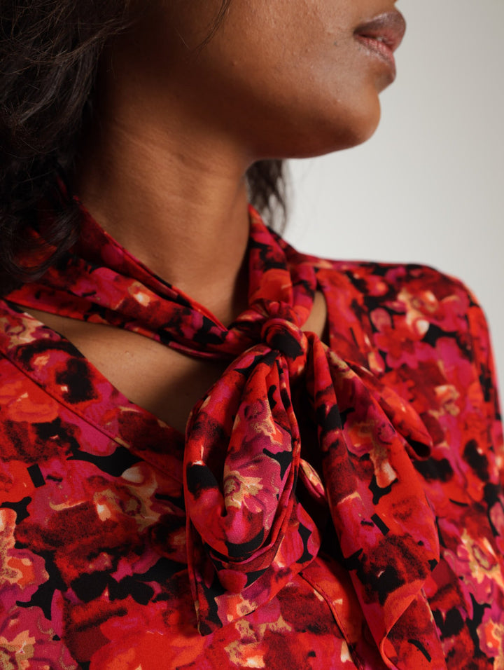 Chiffon Tie Neck Blouse - Black/Red