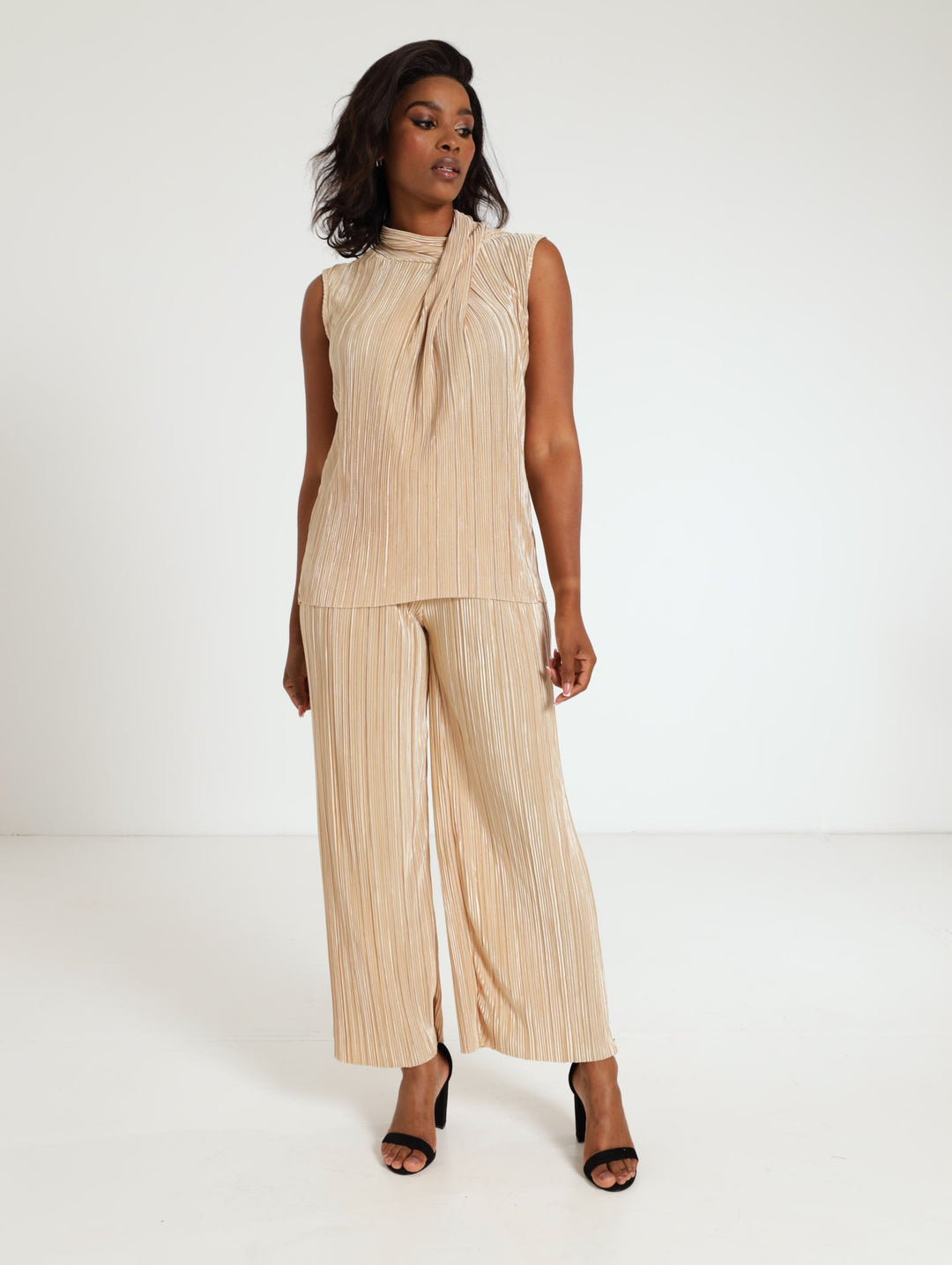 Twist Hi-Neck Plisse Tank Top - Champagne