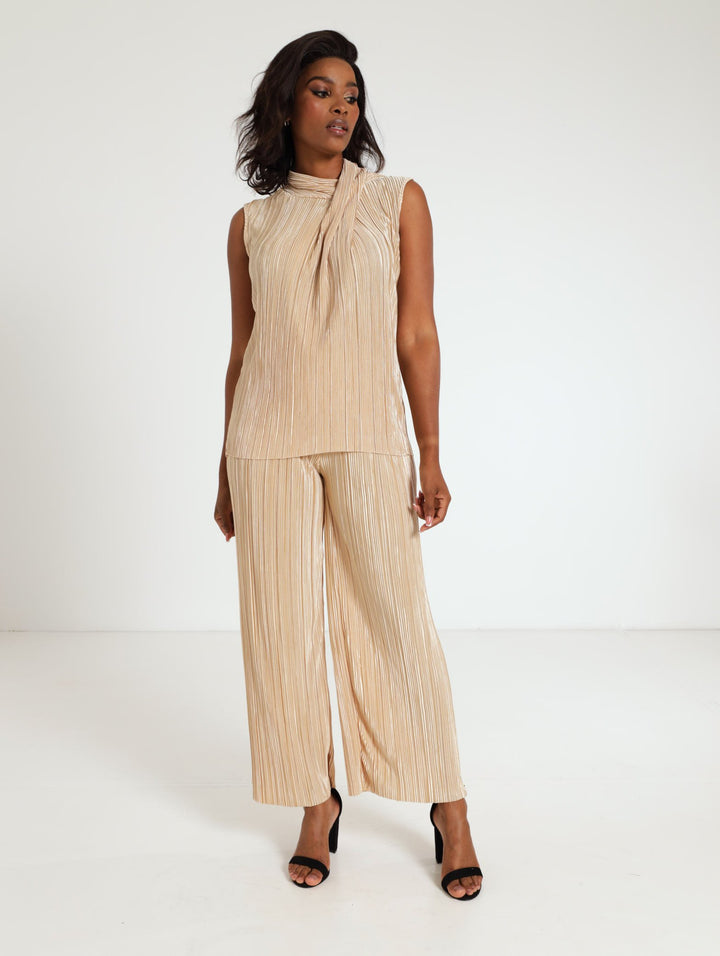 Twist Hi-Neck Plisse Tank Top - Champagne
