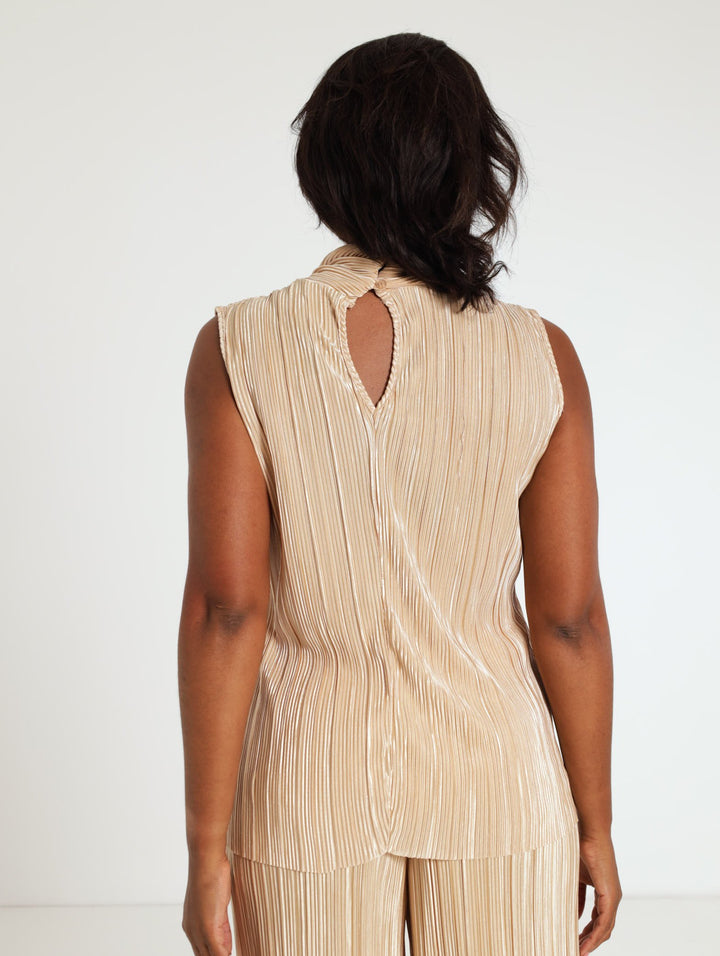 Twist Hi-Neck Plisse Tank Top - Champagne