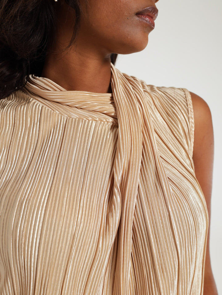 Twist Hi-Neck Plisse Tank Top - Champagne