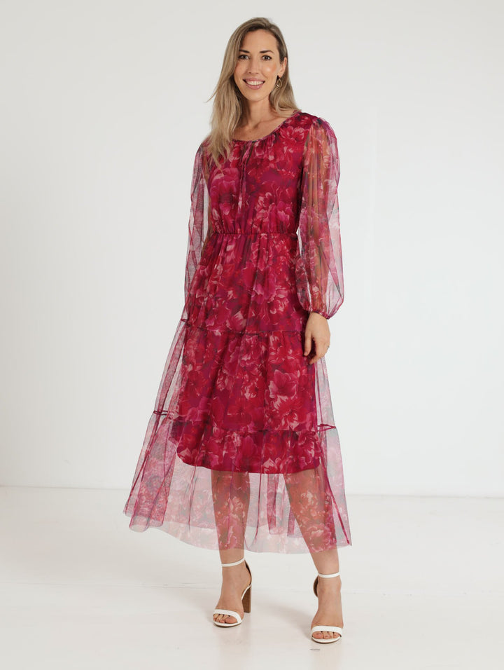 Tiered Mesh Maxi Dress - Plum