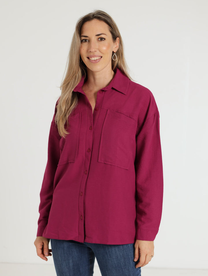 Long Sleeve Statement Pocket Boxy Shirt - Berry