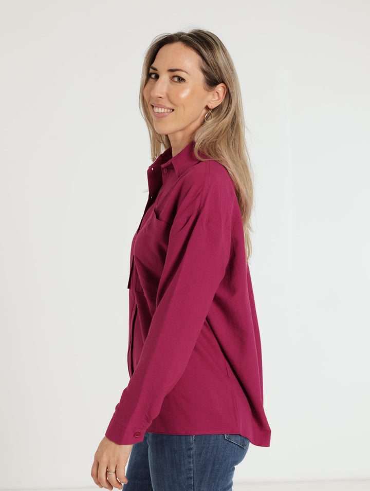 Long Sleeve Statement Pocket Boxy Shirt - Berry