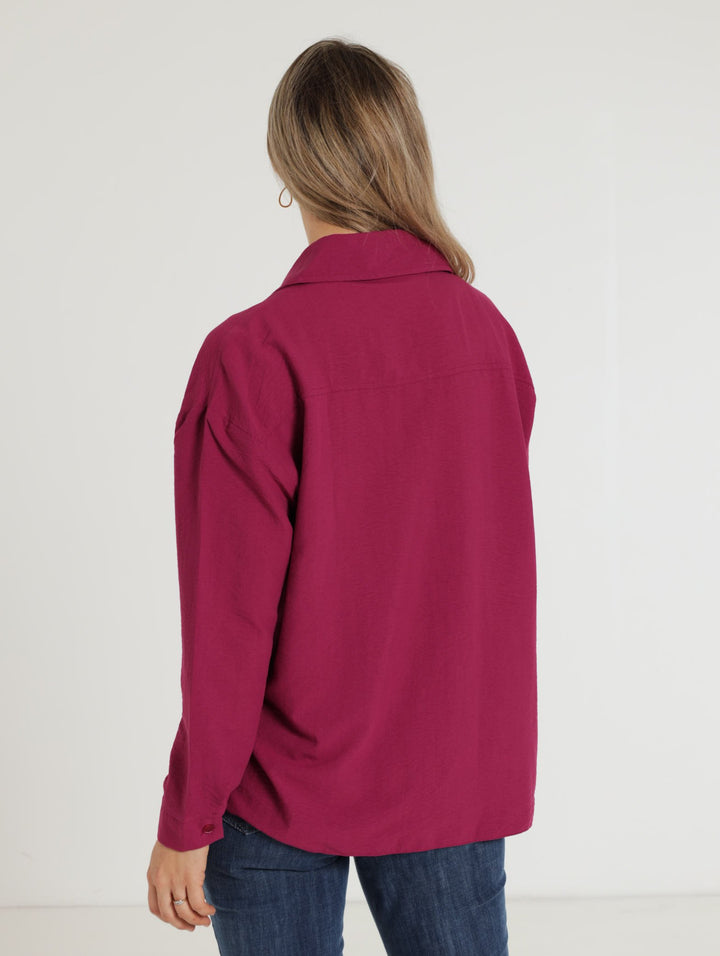 Long Sleeve Statement Pocket Boxy Shirt - Berry
