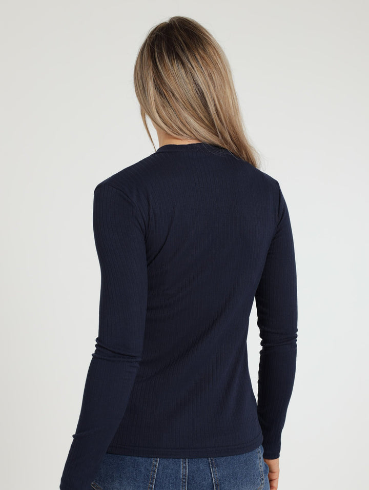 Long Sleeve Polo Neck Top - Navy