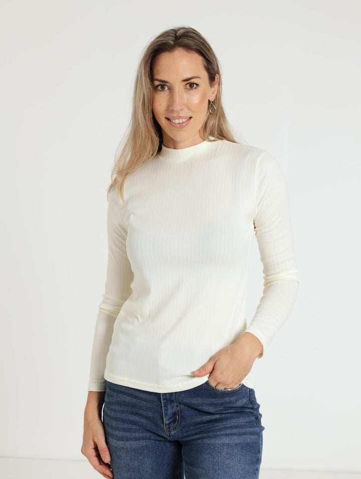 Long Sleeve Polo Neck Top - Ivory