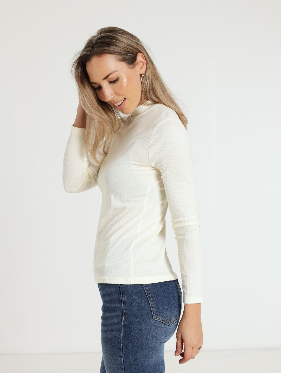 Long Sleeve Polo Neck Top - Ivory