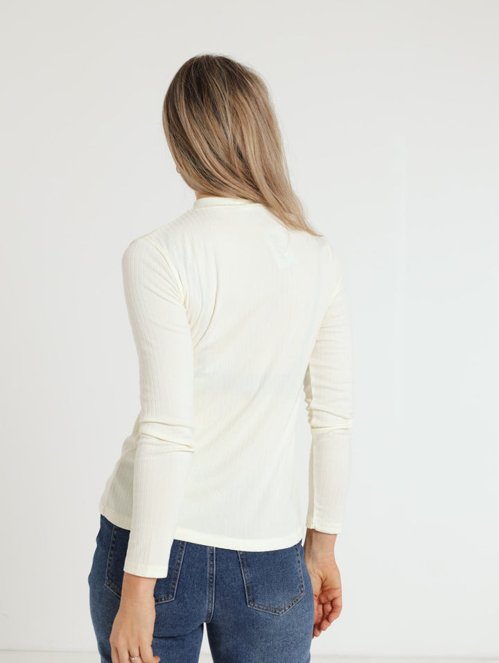 Long Sleeve Polo Neck Top - Ivory