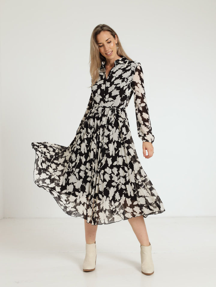 Pleated Midi Shirt Dress - Black/Beige