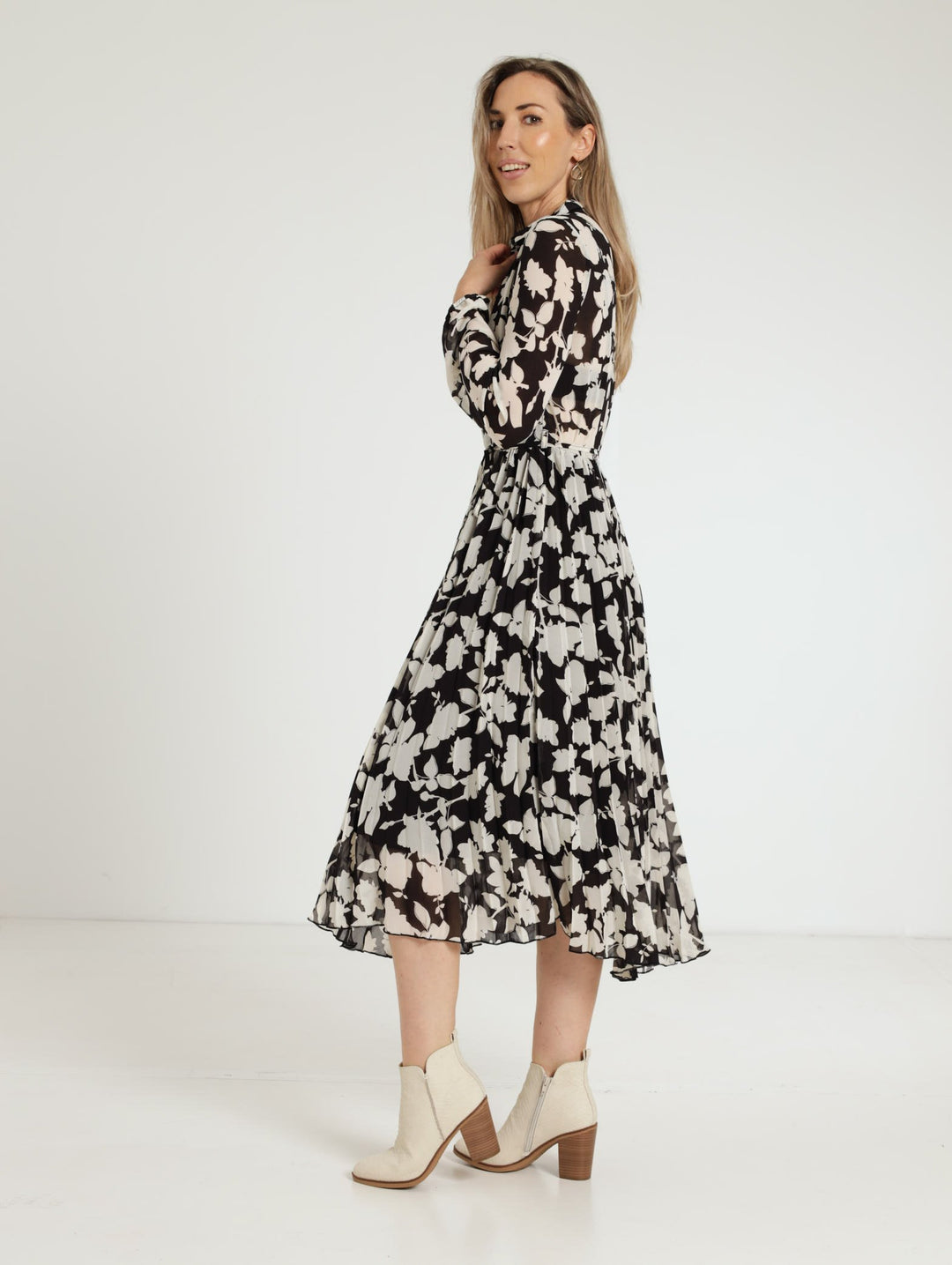 Pleated Midi Shirt Dress - Black/Beige