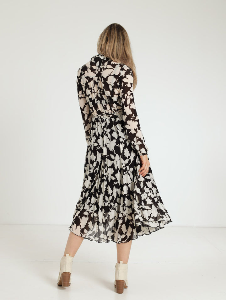 Pleated Midi Shirt Dress - Black/Beige