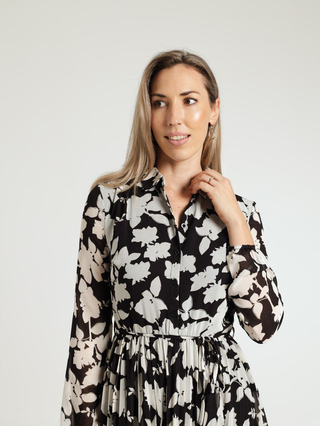 Pleated Midi Shirt Dress - Black/Beige