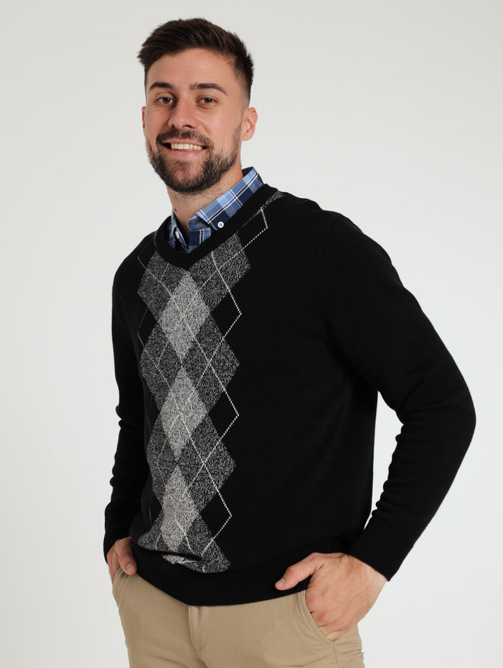 V-Neck Sweater with Diamond Pattern - Black