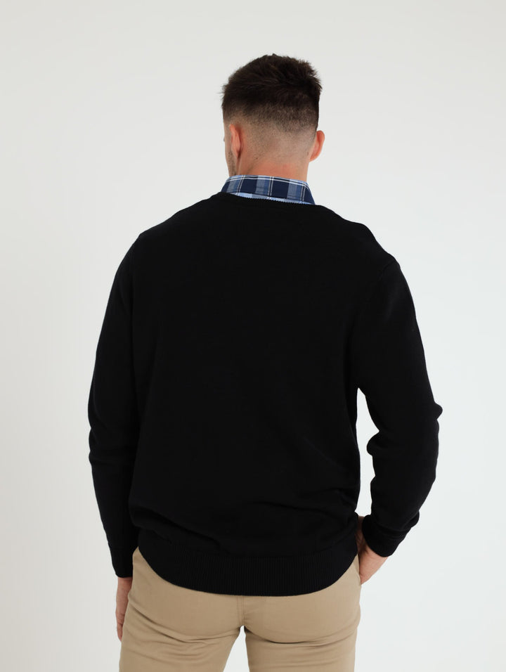 V-Neck Sweater with Diamond Pattern - Black