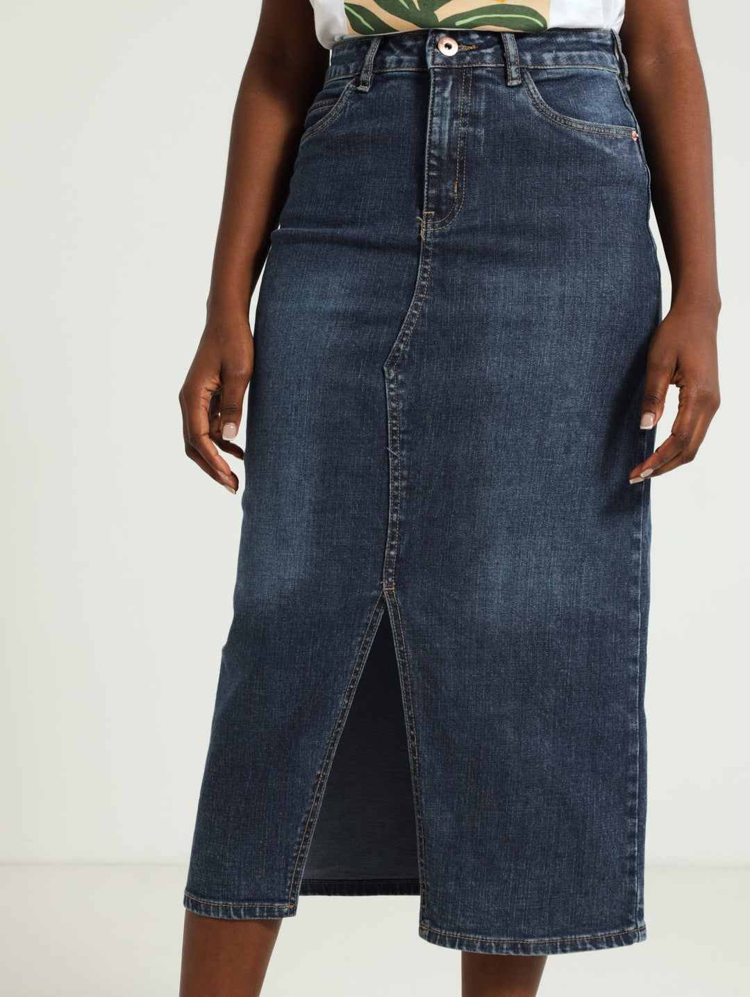 Ladies Front Slit Denim Midi Skirt Mid Blue – Edgars