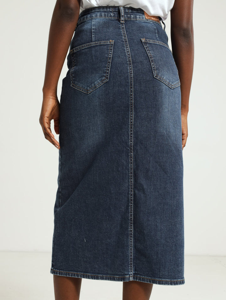 Front Slit Denim Midi Skirt - Mid Blue