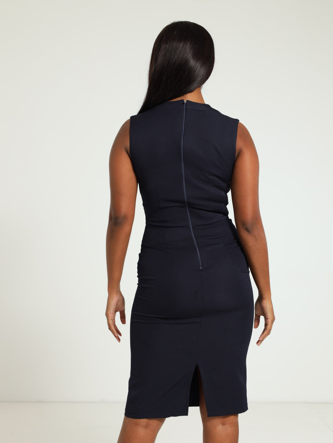 V-Neck Notch Pencil Dress - Navy