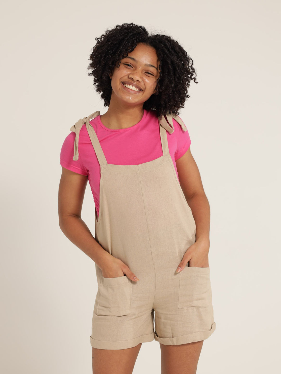 Girls Linen Dungaree Dress - Stone