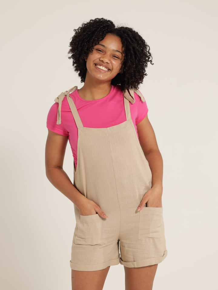Girls Linen Dungaree Dress - Stone