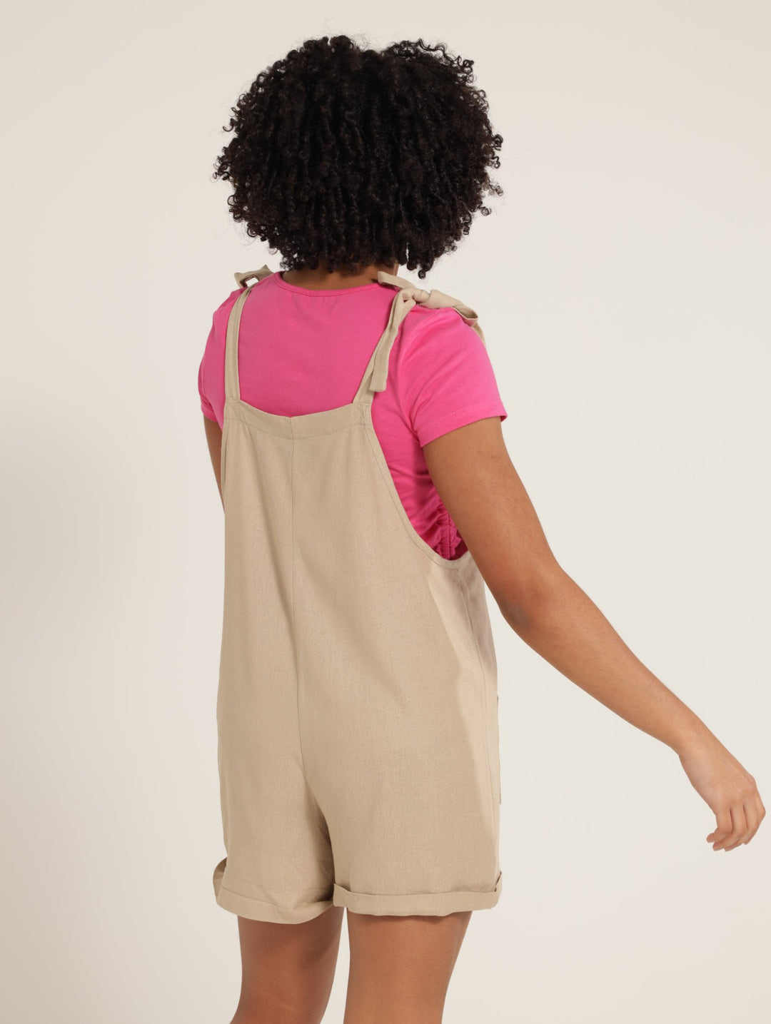Girls Linen Dungaree Dress - Stone
