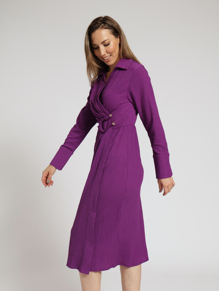 Wrap Ruched Waisted Midi Dress - Purple
