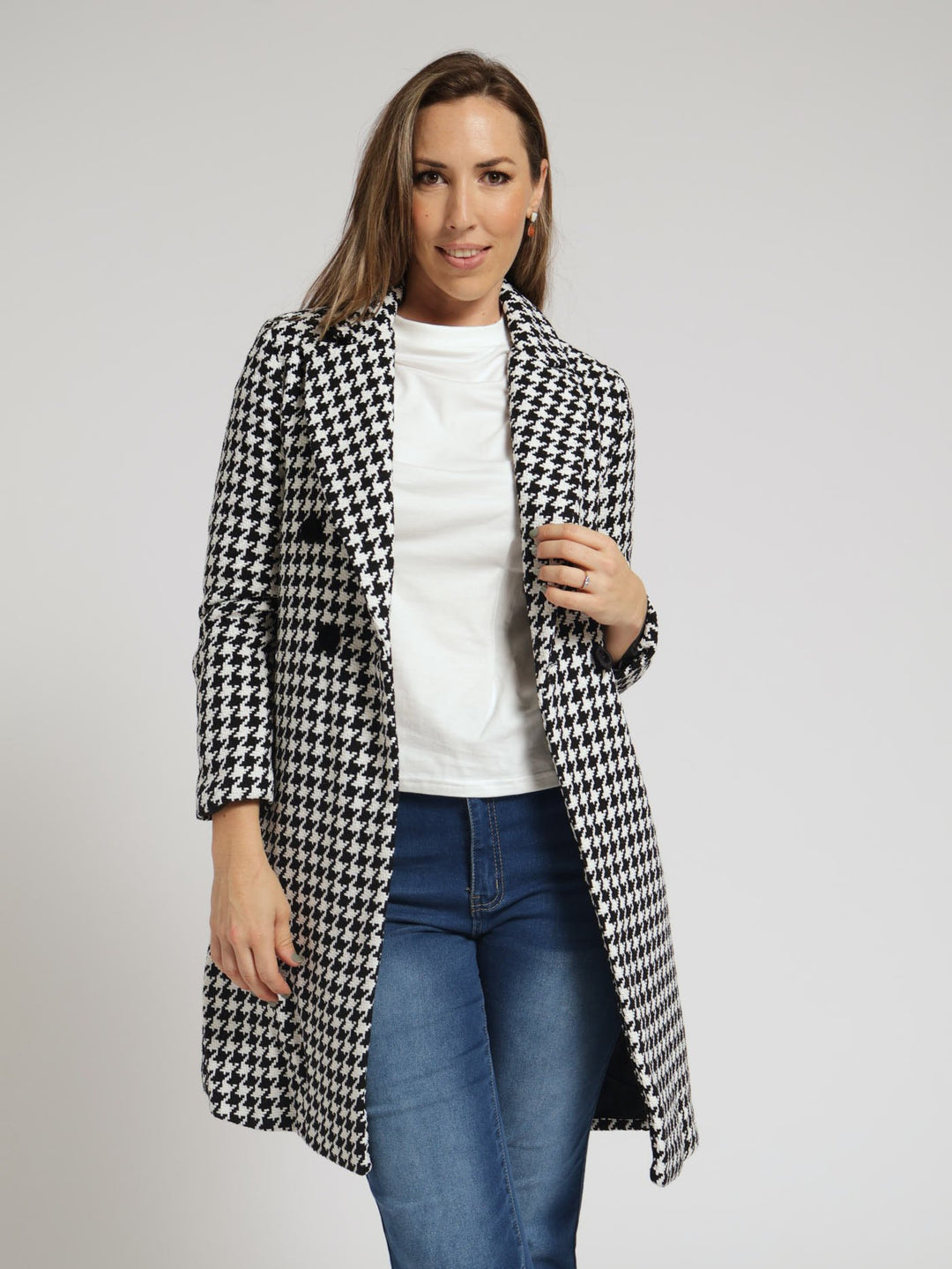 Double Breasted Houndstooth Coat - Black/White