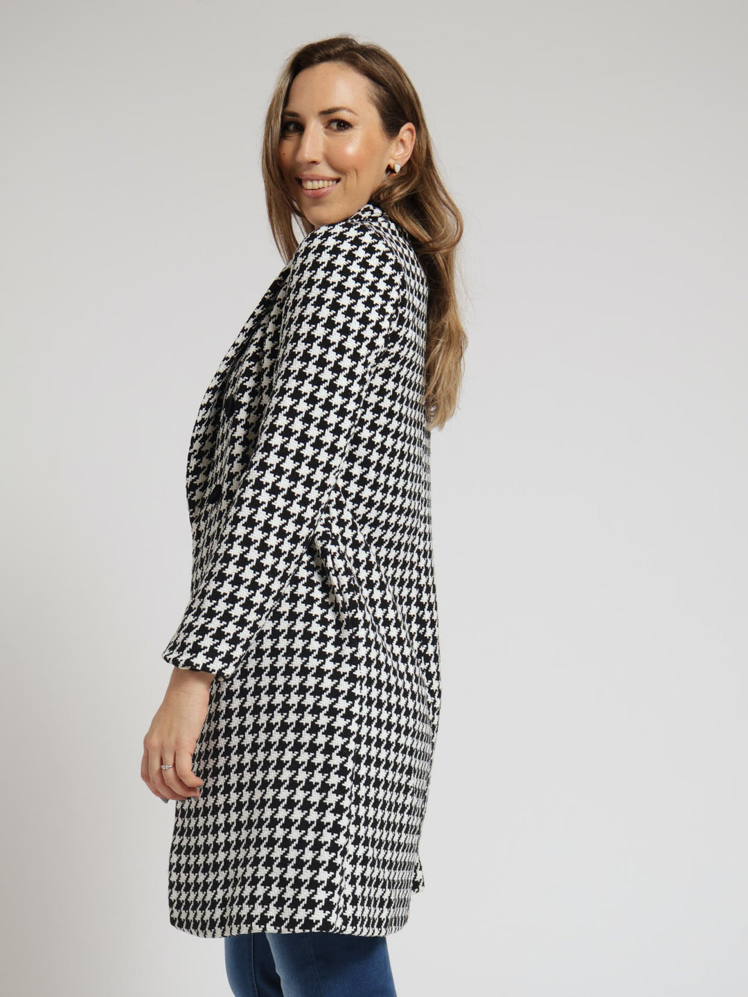 Double Breasted Houndstooth Coat - Black/White