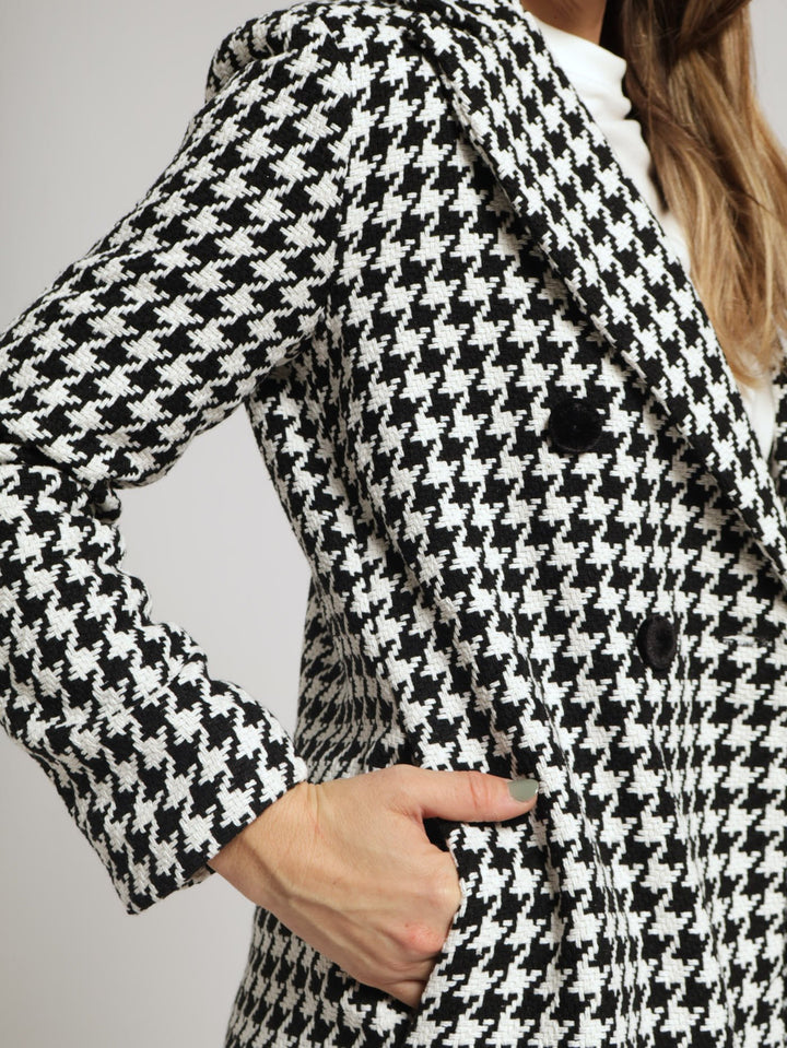 Double Breasted Houndstooth Coat - Black/White