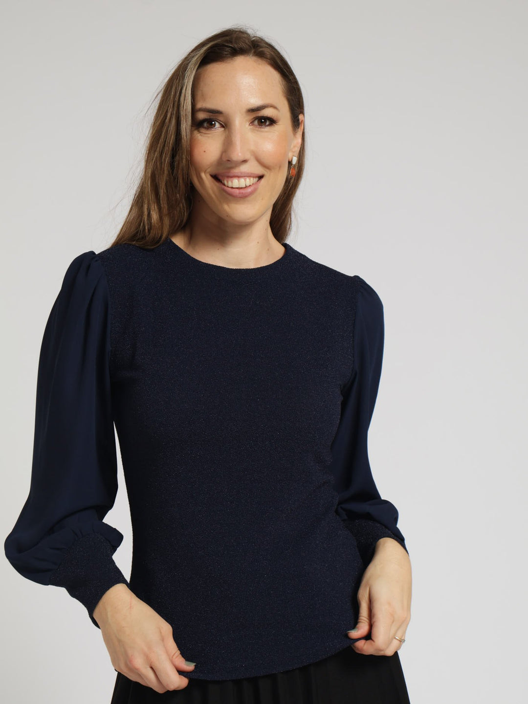 Long Sleeve Shimmer Combo Blouse - Navy