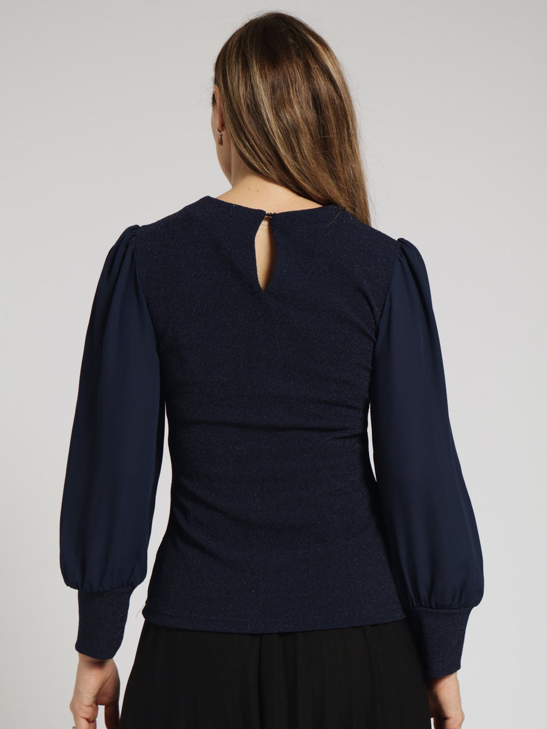 Long Sleeve Shimmer Combo Blouse - Navy