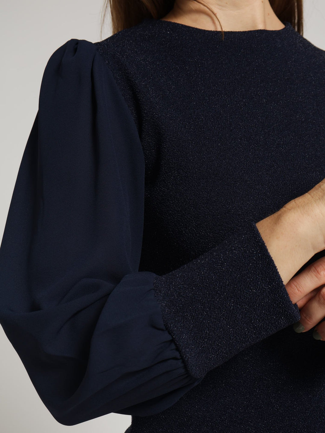 Long Sleeve Shimmer Combo Blouse - Navy